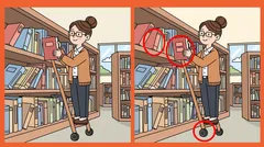 Knihovnice na štaflích mezi regály s knihami, vedle vyznačené rozdíly.